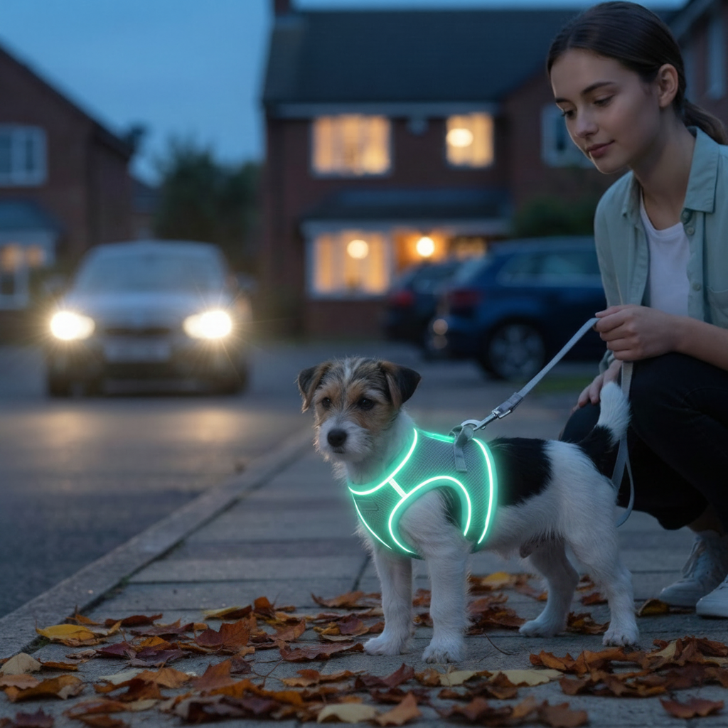 promenade nocturne avec harnais anti fugue pour chiot offrant meilleure visibilité