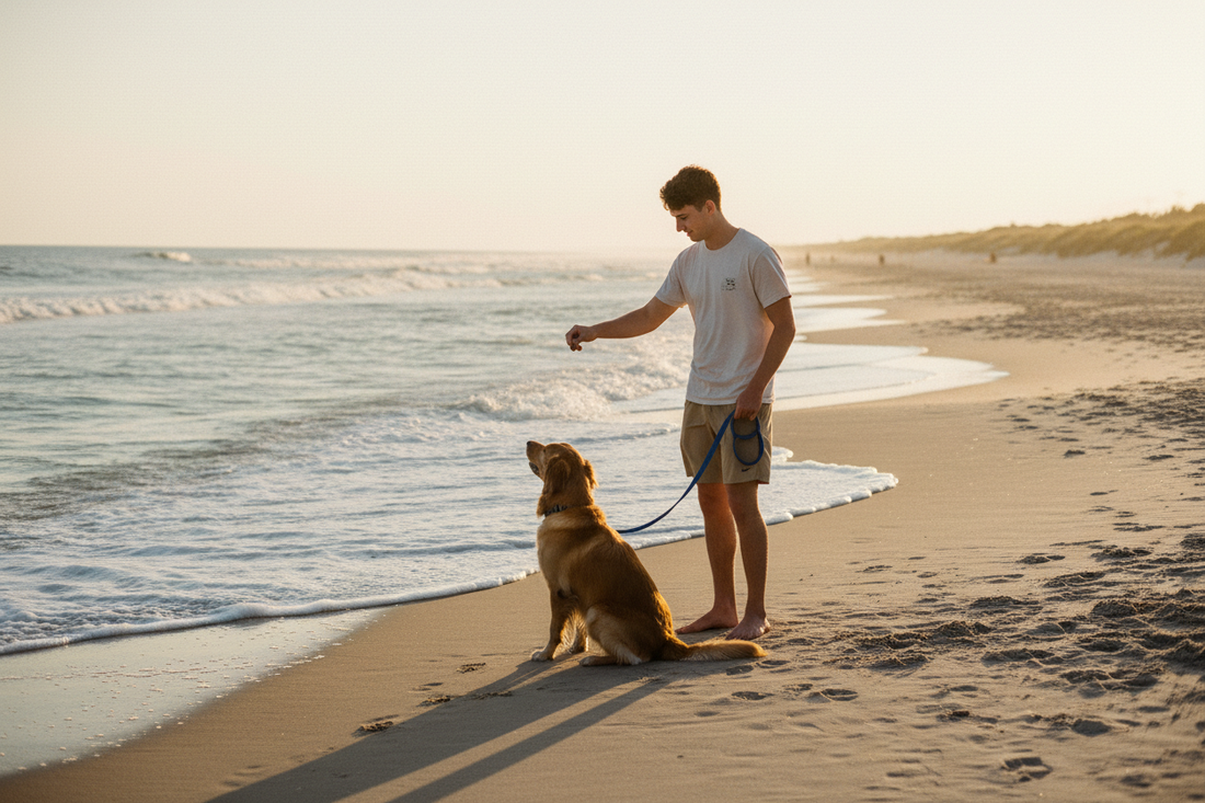 Longe imperméable pour chien en dressage au bord de la plage 