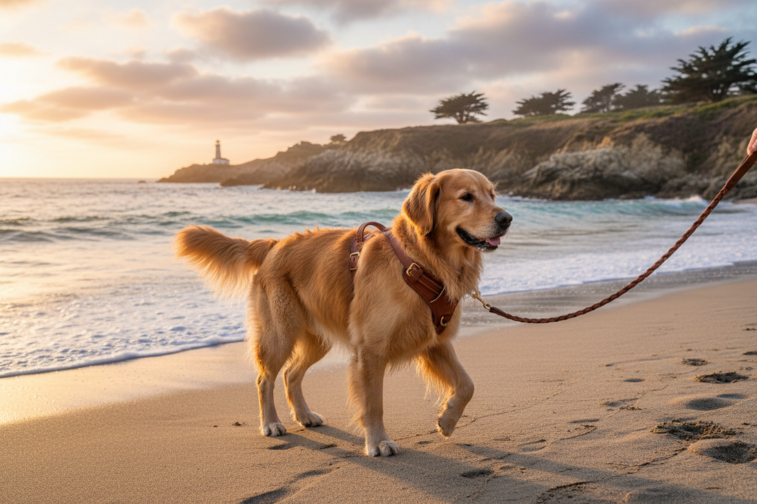 Harnais et laisse chien un beau Golden qui se balade au bord de la plage