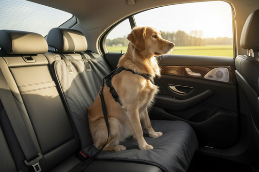 Protection voiture chien celui ci sécurisé en voiture avec harnais attaché à la ceinture