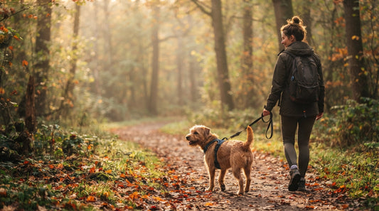 Propriétaire et chien en harnais sur un sentier forestier en automne