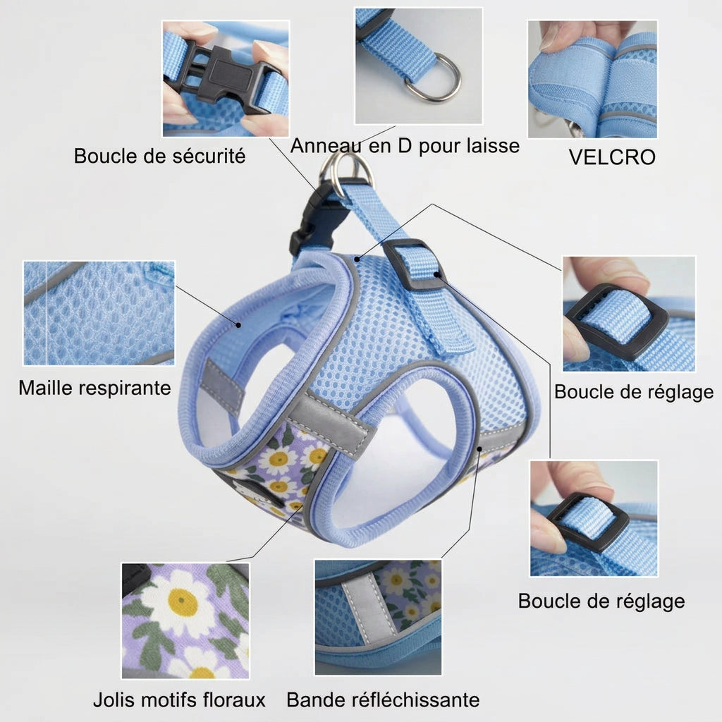 harnais petit chien minipaw détail boucle sécurité anneau de maille respirante réfléchissant ajustable