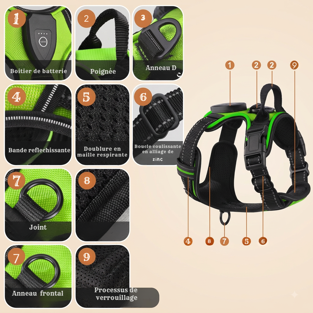Harnais chien led comfort details caracteristiques