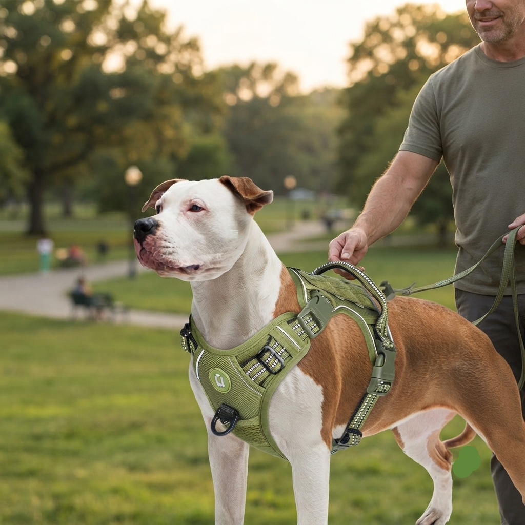Harnais chien tactique porté par un chien lors d'une promenade