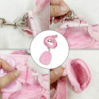 Harnais petit chien rose molletonné avec sangle attache en metal noeud decoratif et pochette assortie