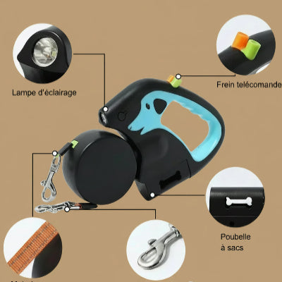 laisse double pour chien rotative mousequeton solide et porte dechets integré
