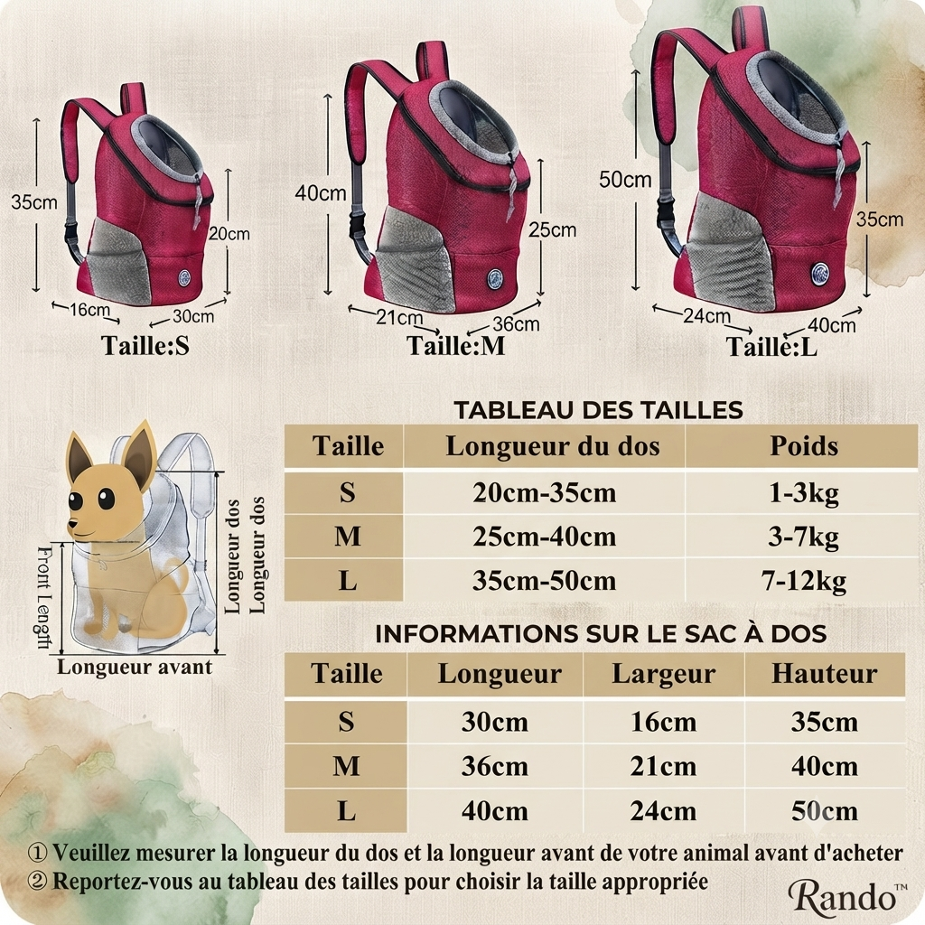 Sac de transport pour chien Rando guide dimension