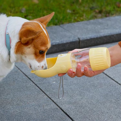 Gourde pour chien avec tasse de nourriture en jaune