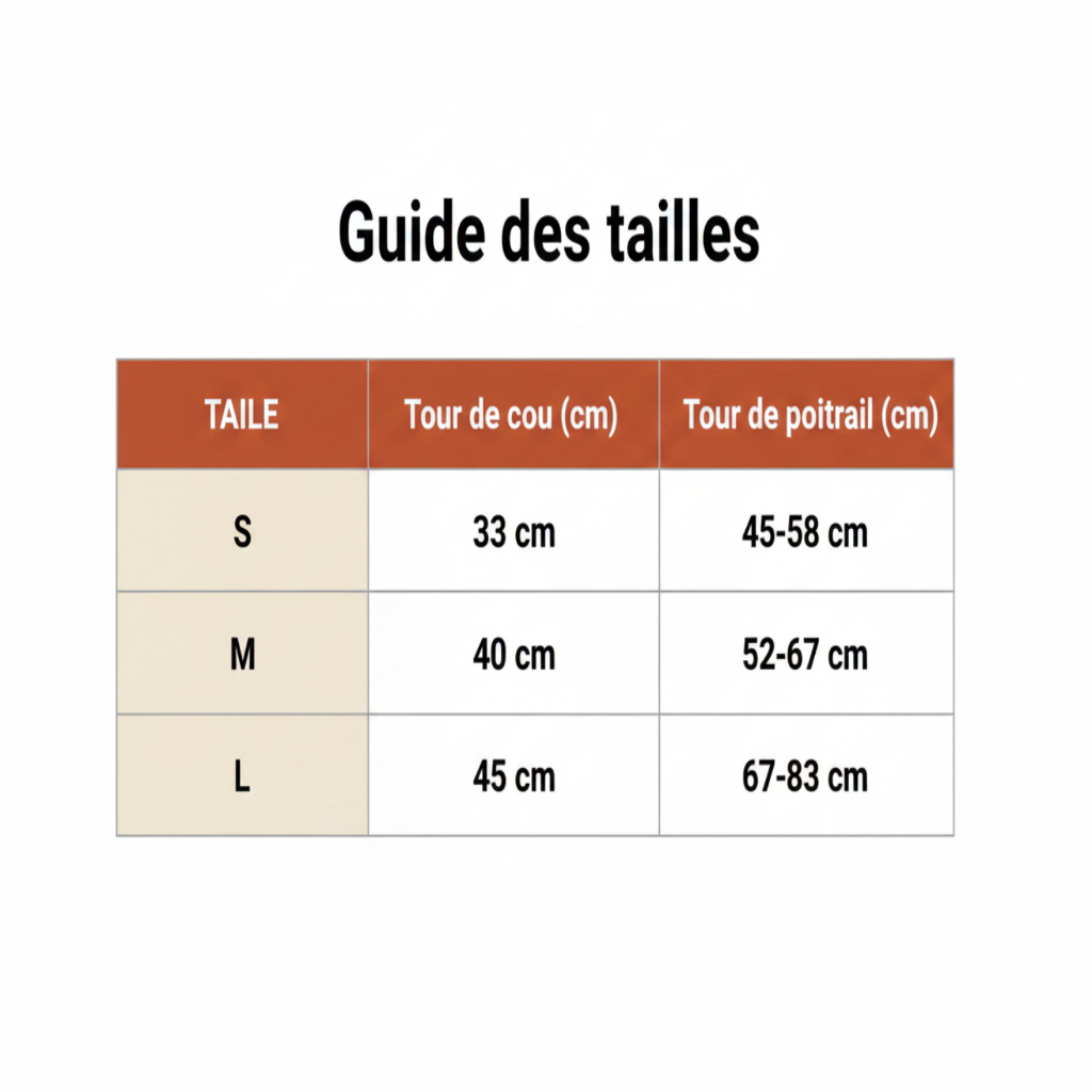 Guide des tailles harnais chien rembourré S M L