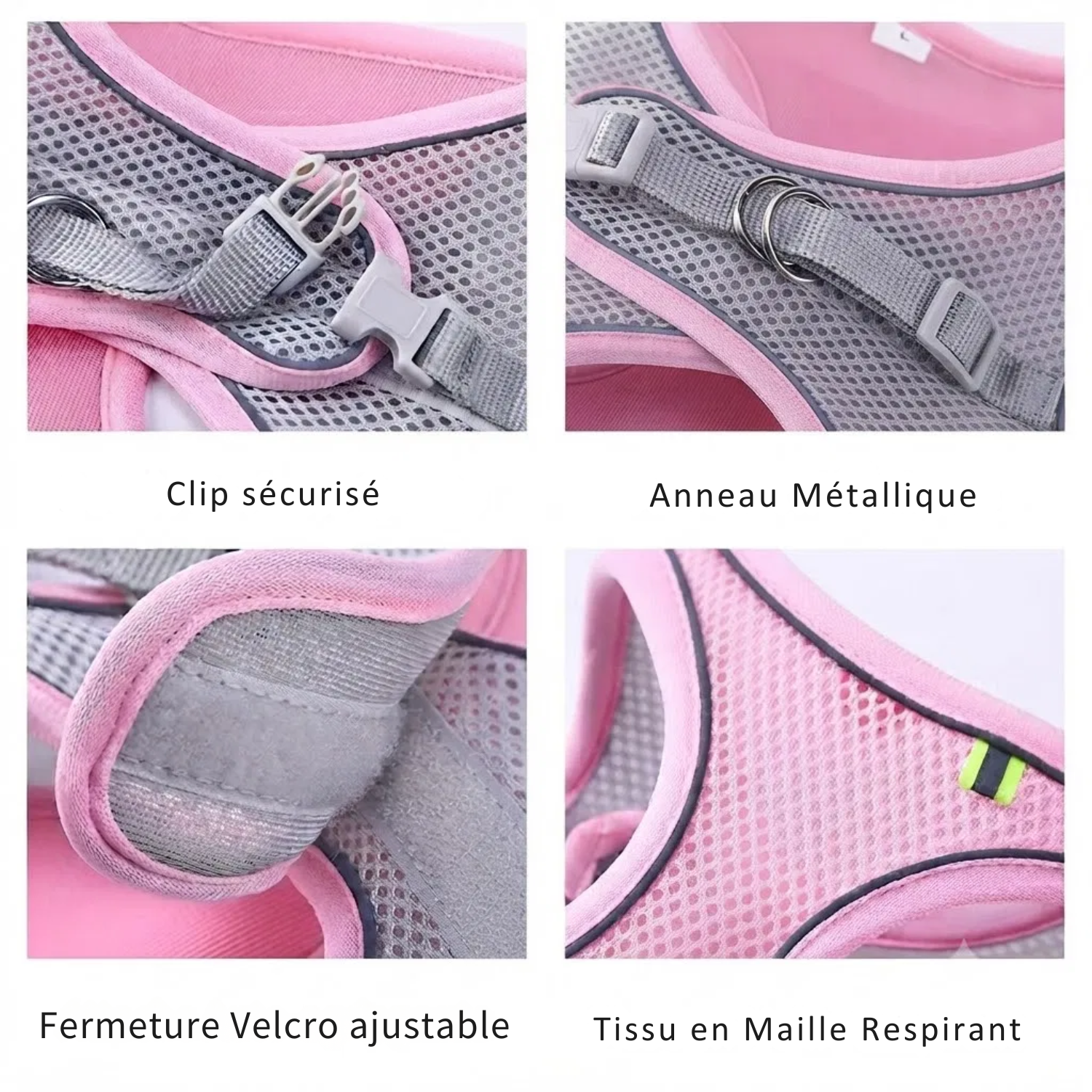 harnais anti fugue pour chiot details maille respirant velcro anneau métallique