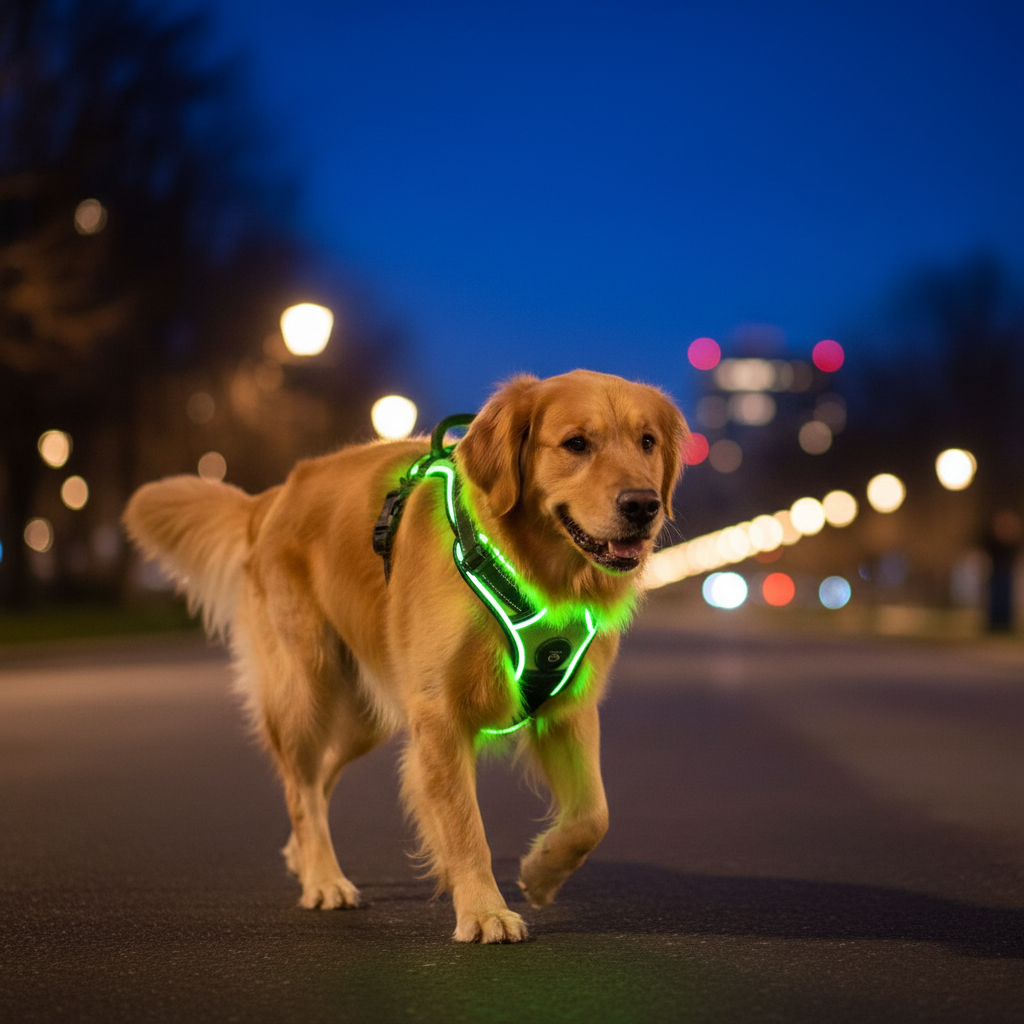 Harnais chien led comfort en promenade nocturne