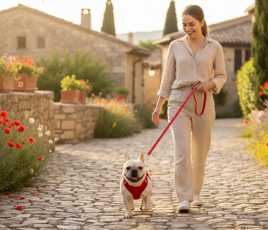 Bouledogue français avec harnais rouge mesh identique
