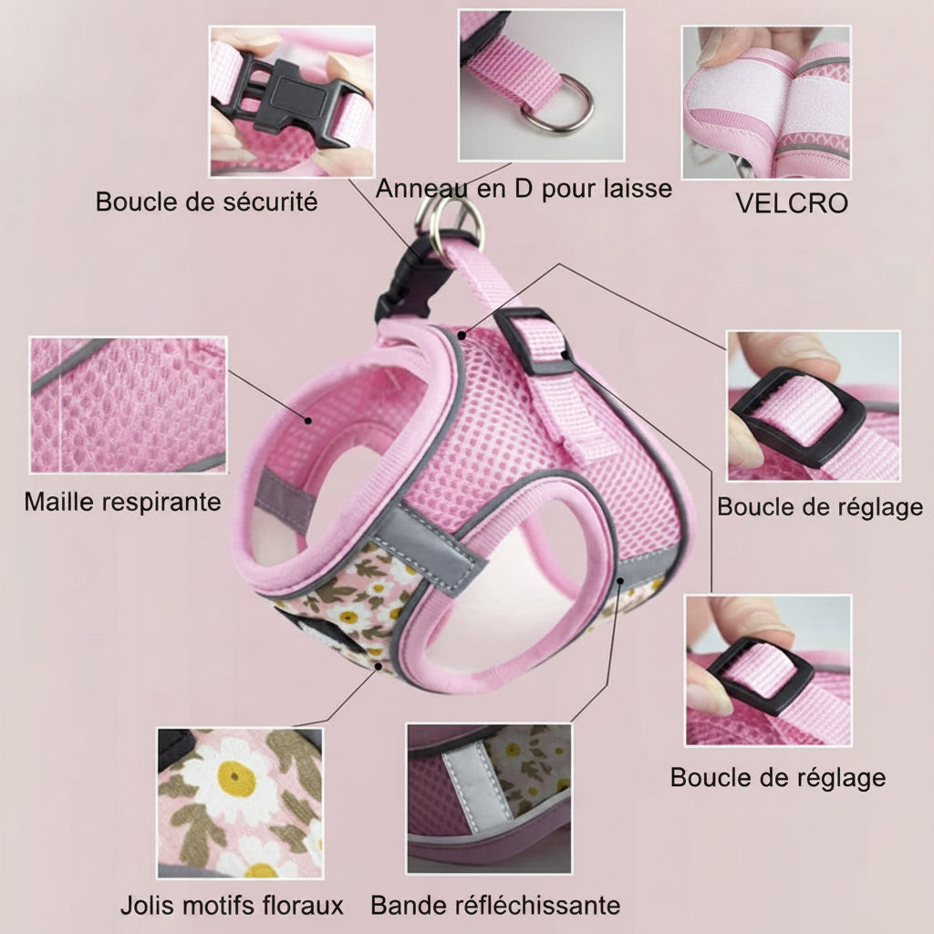 harnais petit chien minipaw détail boucle sécurité anneau d maille respirante réfléchissant ajustab