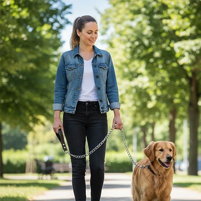 Laisse pour chien en chaîne métallique avec poignée en cuir robuste