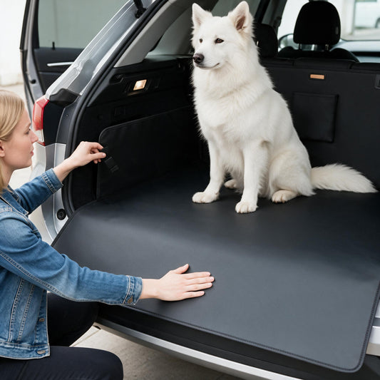 protection chien voiture driveclean installée  dans le coffre avec un chien blanc